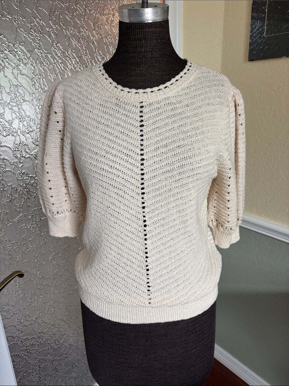 Knox Rose Cream Open-Stitch Knit Short Sleeve Sweater